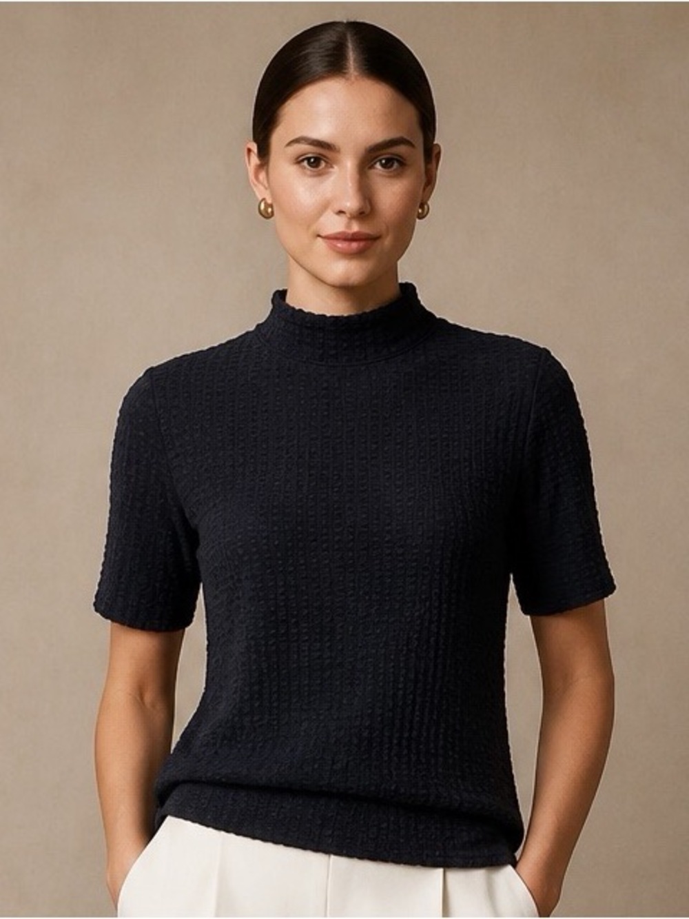 Maeve Anthropologie Black Textured Mock Neck Keyhole Top Size Small